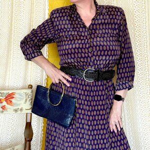 Vintage 80s Navy with Green Abstract Print Pleated Midi Secretary Dress Size 10